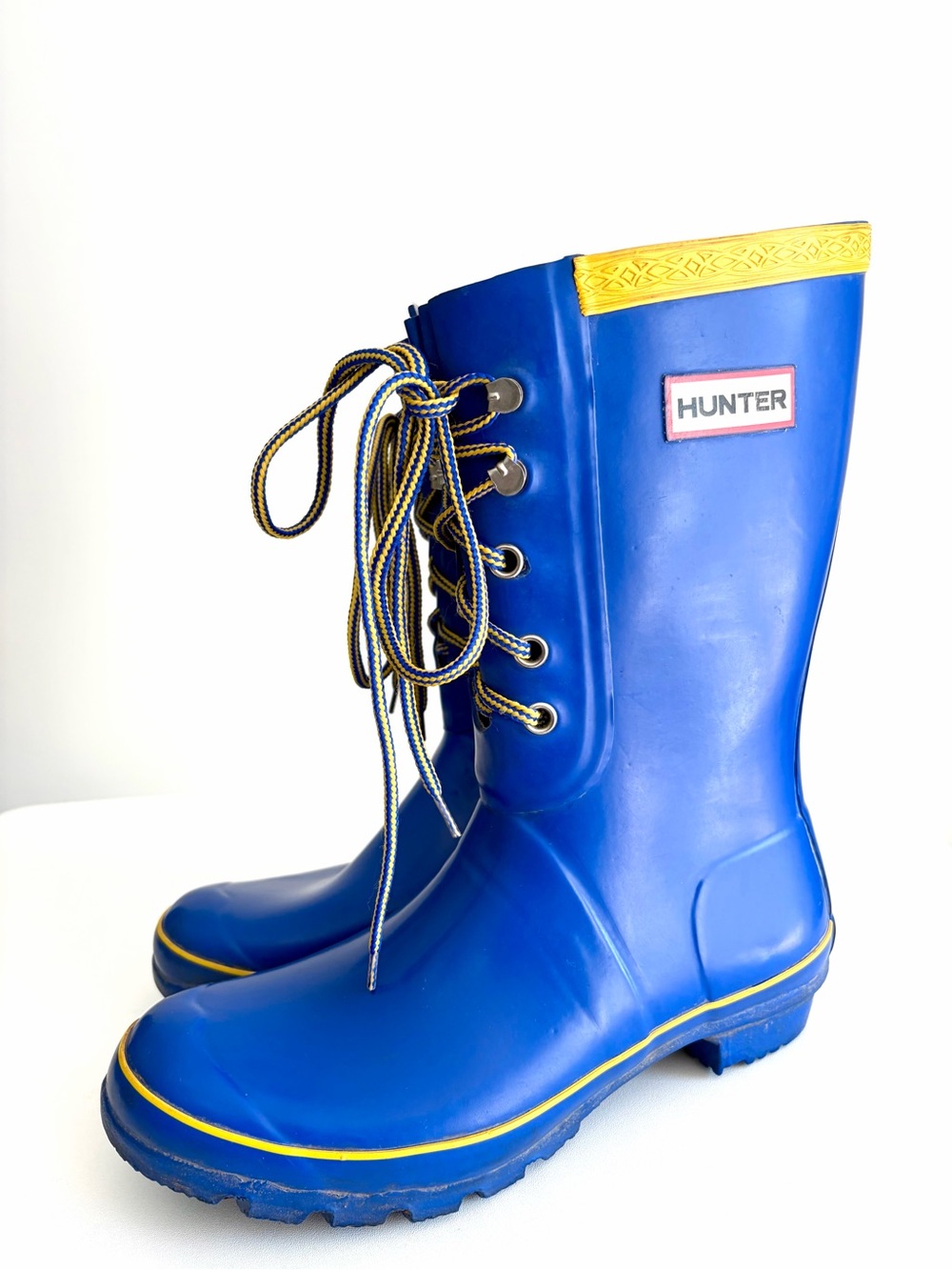 Hunter - Rare Festival Lace-Up Rain Boots - Blue Yellow - Size 9